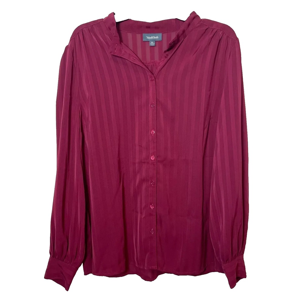 Modcloth Womens‎ Button Up Long Sleeve Top Red XL Subtle Stripe Relaxed Formal